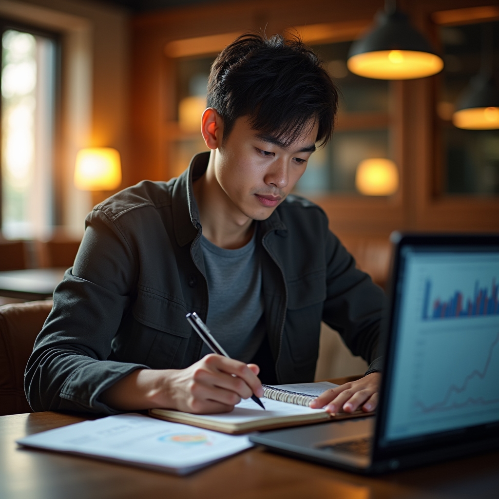 Ingegnere giovane che scrive appunti su notebook accanto a laptop con grafici tecnici sullo schermo
