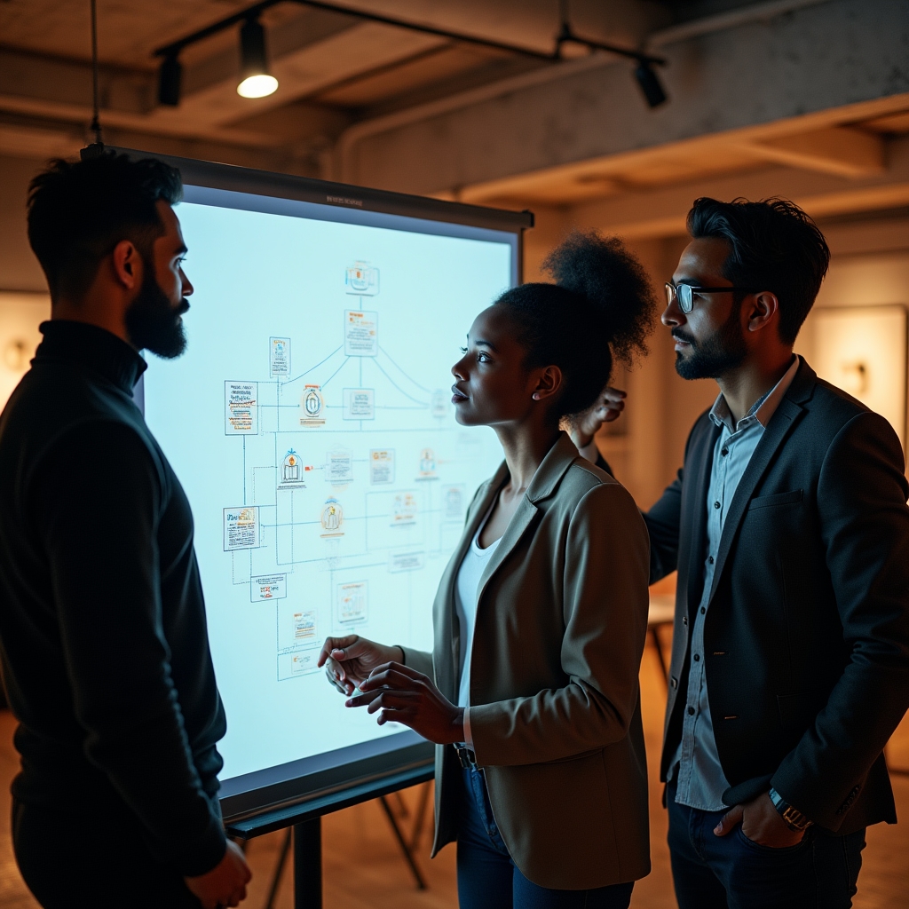 Piccolo gruppo di tecnici e ingegneri in sessione di lavoro collaborativa con lavagna digitale