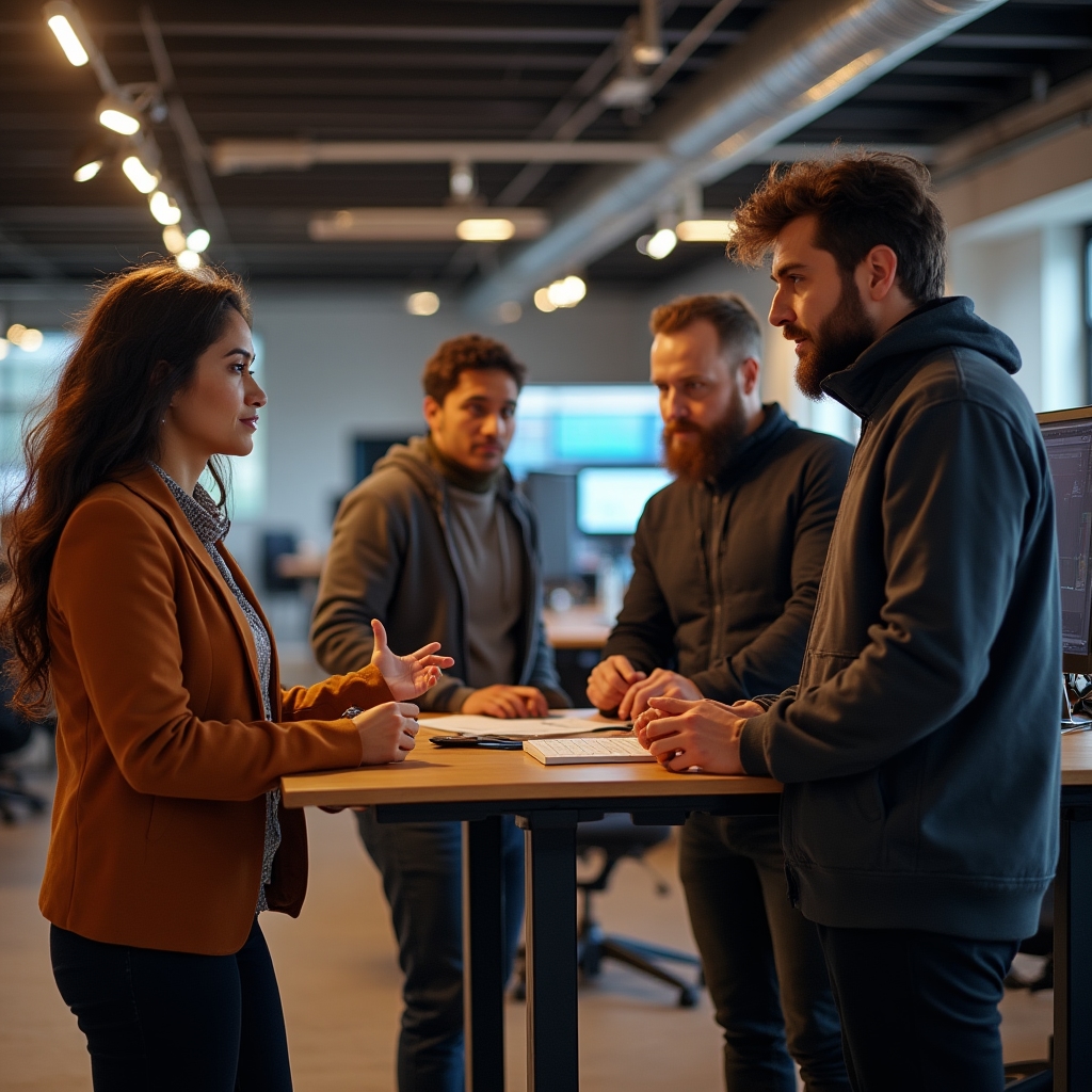 Team IT eterogeneo in discussione informale in spazio di lavoro moderno con schermi e attrezzatura tecnica