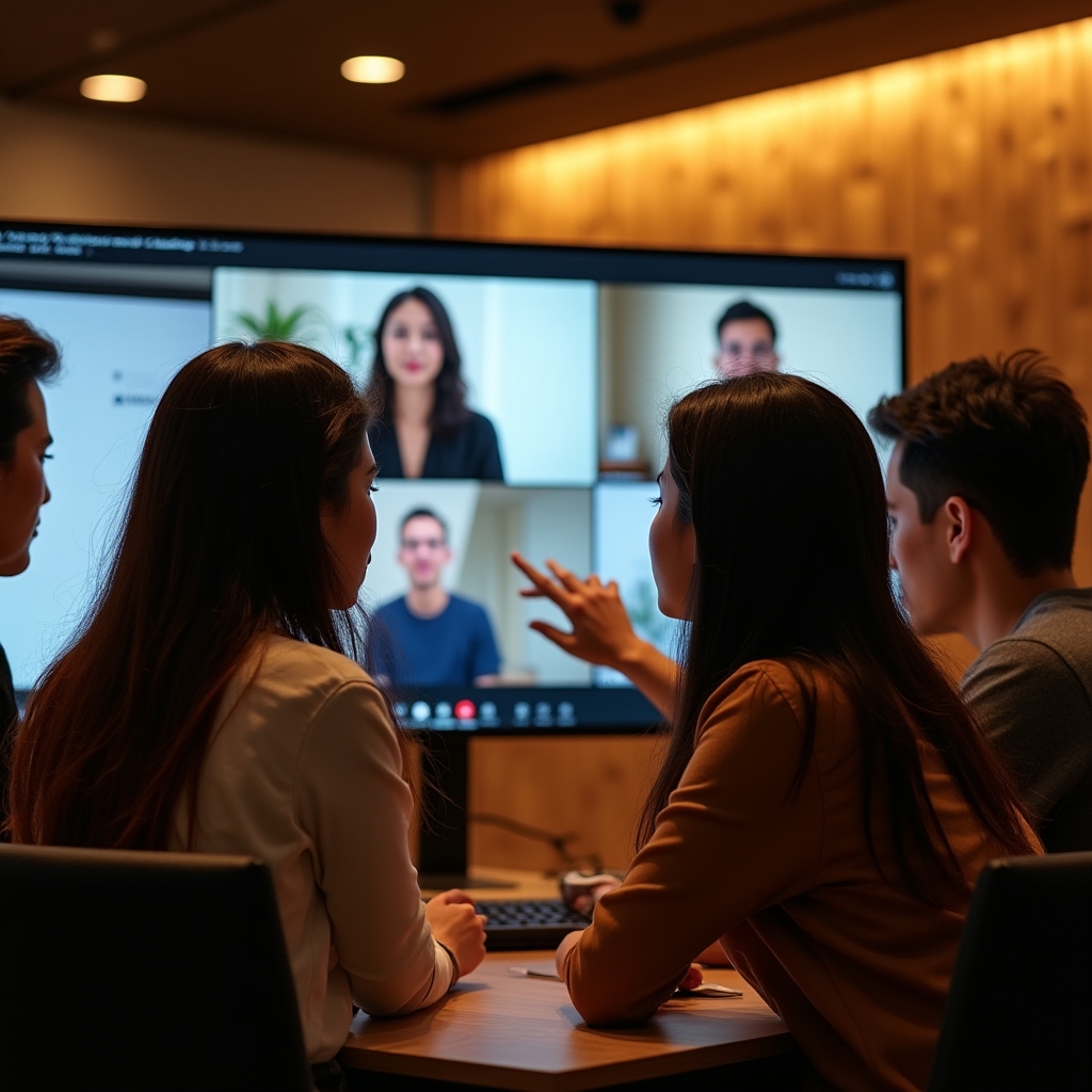 Piccolo gruppo di professionisti tecnici in sessione di formazione online con condivisione schermo